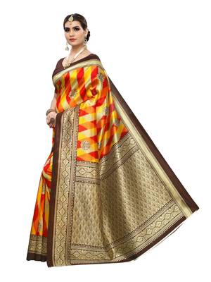 Beige Printed Poly Silk Saree With Blouse 2