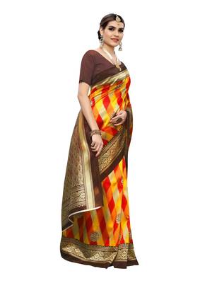Beige Printed Poly Silk Saree With Blouse 3
