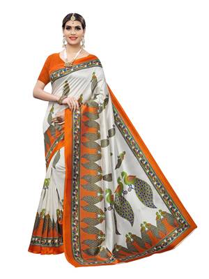 Off White Printed Poly Silk Saree With Blouse 1