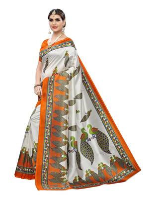 Off White Printed Poly Silk Saree With Blouse 2