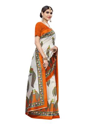 Off White Printed Poly Silk Saree With Blouse 3