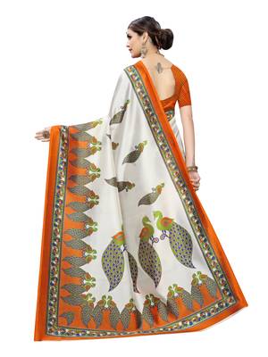 Off White Printed Poly Silk Saree With Blouse 4