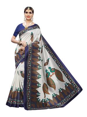 Off White Printed Poly Silk Saree With Blouse 1