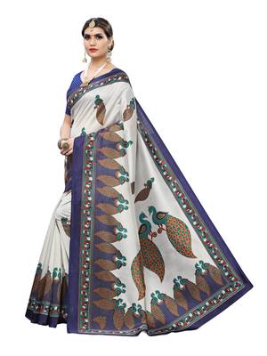 Off White Printed Poly Silk Saree With Blouse 2