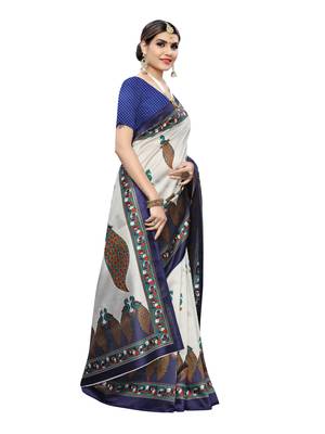 Off White Printed Poly Silk Saree With Blouse 3