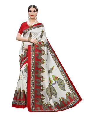 Off White Printed Poly Silk Saree With Blouse 1