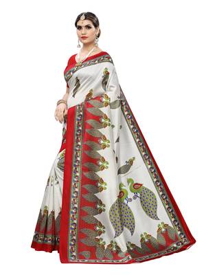Off White Printed Poly Silk Saree With Blouse 2