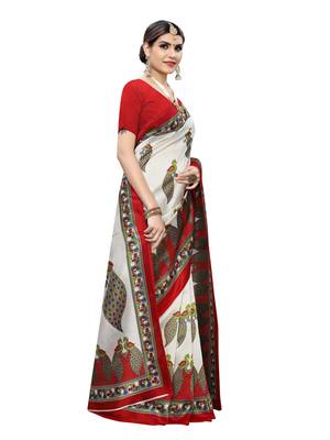 Off White Printed Poly Silk Saree With Blouse 3