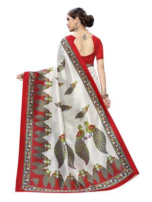 Off White Printed Poly Silk Saree With Blouse 4