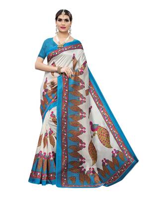 Off White Printed Poly Silk Saree With Blouse 1
