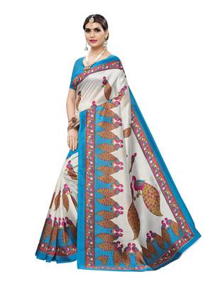 Off White Printed Poly Silk Saree With Blouse 2
