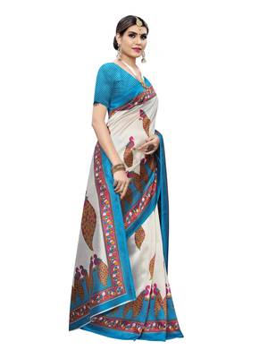 Off White Printed Poly Silk Saree With Blouse 3
