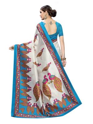 Off White Printed Poly Silk Saree With Blouse 4