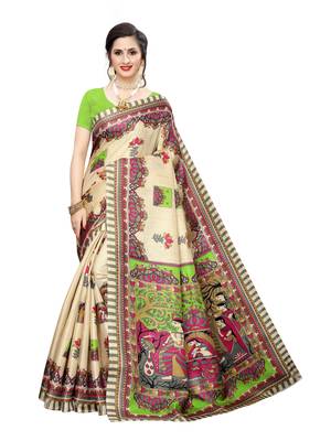 Beige Printed Bhagalpuri Silk Saree With Blouse 1