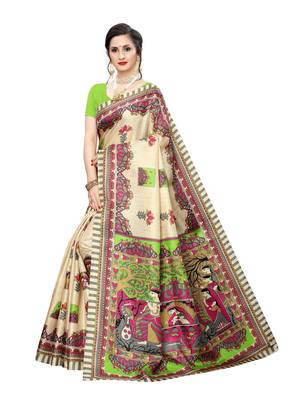 Beige Printed Bhagalpuri Silk Saree With Blouse 2