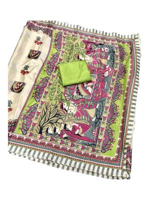 Beige Printed Bhagalpuri Silk Saree With Blouse 5