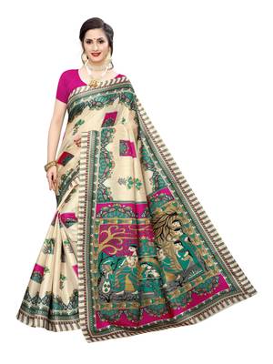 Beige Printed Bhagalpuri Silk Saree With Blouse 1