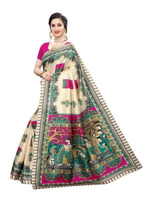 Beige Printed Bhagalpuri Silk Saree With Blouse 2