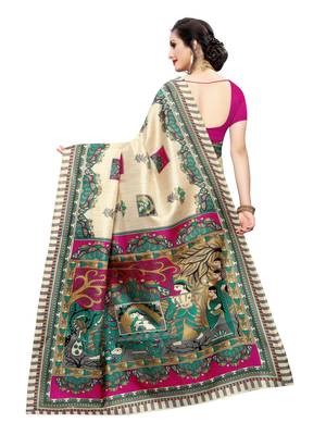 Beige Printed Bhagalpuri Silk Saree With Blouse 3