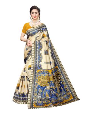 Beige Printed Bhagalpuri Silk Saree With Blouse 1