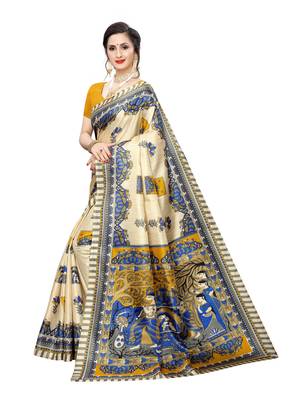 Beige Printed Bhagalpuri Silk Saree With Blouse 2