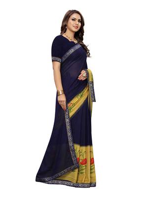 Navy Blue Printed Georgette Saree With Blouse 3