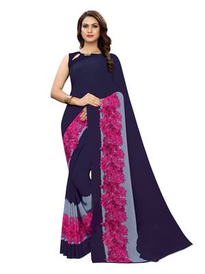 Navy Blue Printed Georgette Saree With Blouse 1