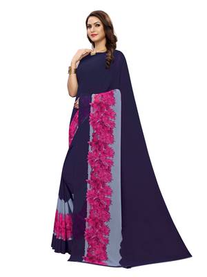 Navy Blue Printed Georgette Saree With Blouse 2