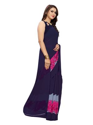 Navy Blue Printed Georgette Saree With Blouse 3