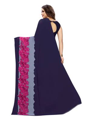 Navy Blue Printed Georgette Saree With Blouse 4
