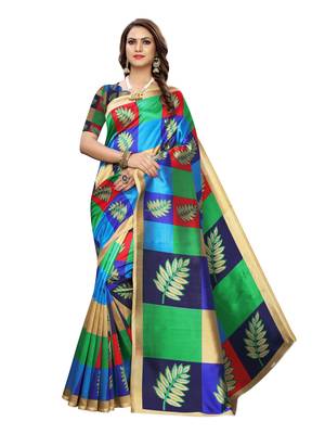 Blue printed art silk saree with blouse 1