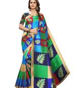 Blue printed art silk saree with blouse