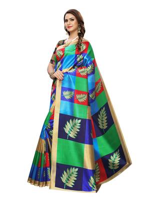 Blue printed art silk saree with blouse 2