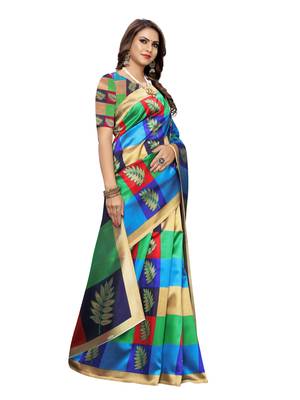Blue printed art silk saree with blouse 3