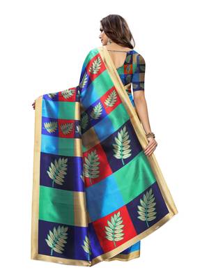 Blue printed art silk saree with blouse 4