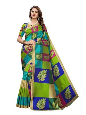 Green printed art silk saree with blouse 1
