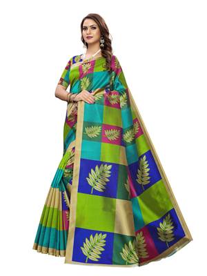Green printed art silk saree with blouse 2