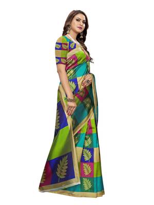 Green printed art silk saree with blouse 3