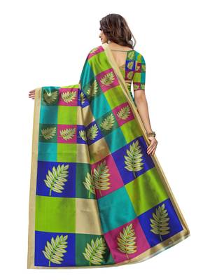 Green printed art silk saree with blouse 4