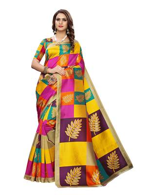 Yellow Printed Art Silk Saree With Blouse 1