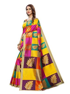 Yellow Printed Art Silk Saree With Blouse 2