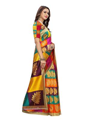 Yellow Printed Art Silk Saree With Blouse 3