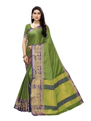 Green woven poly silk saree with blouse 1