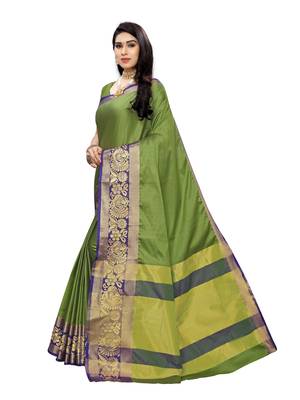 Green woven poly silk saree with blouse 2