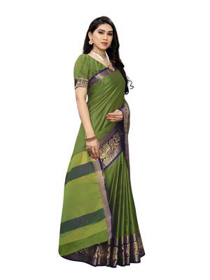 Green woven poly silk saree with blouse 3