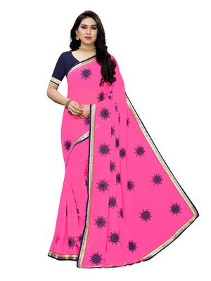 Pink embroidered georgette saree with blouse 1