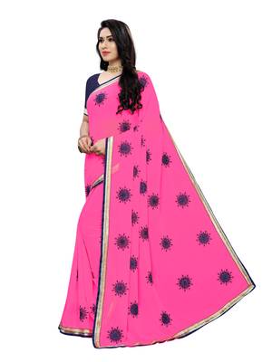 Pink embroidered georgette saree with blouse 2