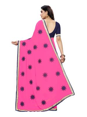 Pink embroidered georgette saree with blouse 4