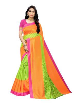 Lime Printed Bhagalpuri Silk Saree With Blouse 1