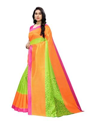 Lime Printed Bhagalpuri Silk Saree With Blouse 2
